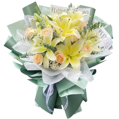 安庆9朵香槟玫瑰黄色百合，每天充满活力
